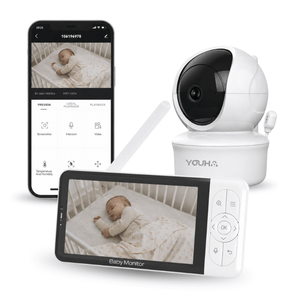 Babyfoons met camera en 5-inch HD-scherm, inclusief mobiele app voor Wi-Fi-monitoring. Dual-connect functie voor zowel beeldscherm als smartphone. Full HD-video, 355° draaibare camera, nachtzicht en tweewegcommunicatie voor altijd en overal contact met je baby of kind.