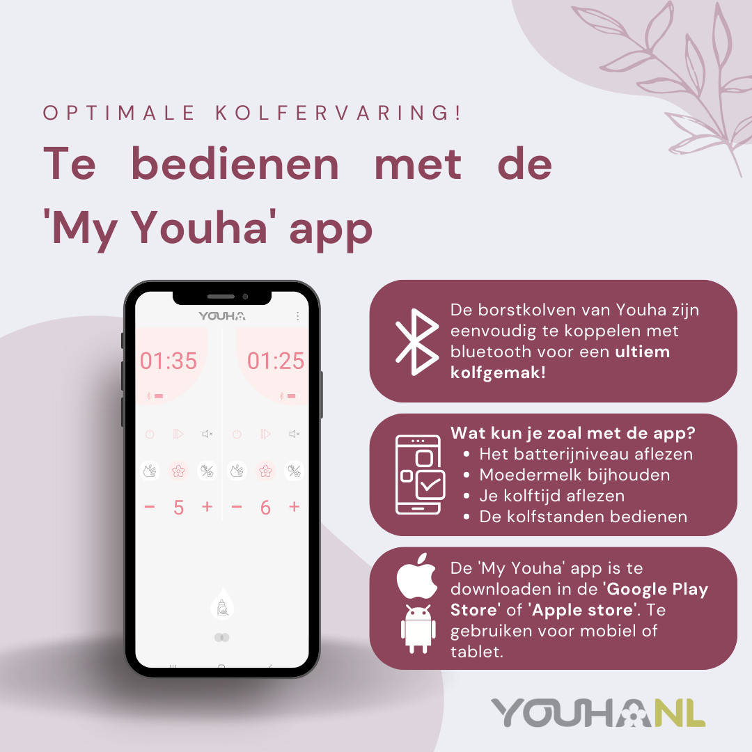 Borstkolf van Youha is te bedienen met de My Youha app, lees er hier meer over zodat je comfortabel kunt kolven.