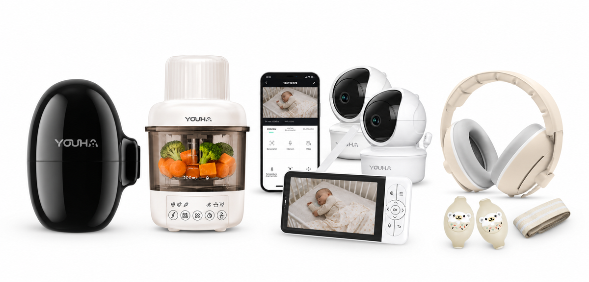 Overzicht van Youha babyverzorgingsproducten, waaronder een babyfoon met camera en beeldscherm, Baby Food Maker PRO, baby gehoorbescherming en Baby Rocker voor comfort en veiligheid van je baby.