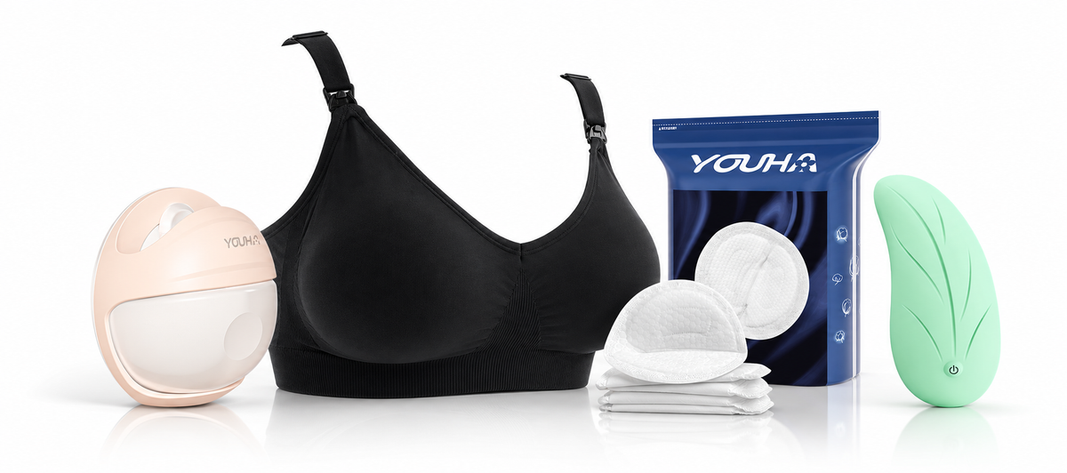 Overzicht van Youha borstverzorgingsproducten, waaronder een zwarte voedingsbh, elektrische borstkolf, zachte zoogcompressen en een borstmasseerapparaat voor extra comfort tijdens de borstvoedingsperiode.