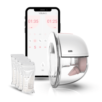 De enkele Youha The INs Gen 2 borstkolf, draadloos en draagbaar, biedt flexibele kolfopties met de My Youha app en meerdere kolfstanden. Inclusief moedermelk bewaarzakjes.