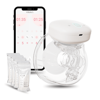 De Youha enkelzijdige borstkolven (24mm) met app voor draadloos, discreet en comfortabel kolven. Inclusief Nederlandstalige My Youha App voor eenvoudige bediening. Inclusief moedermelk bewaarzakjes.