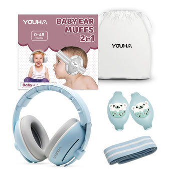 Youha gehoorbeschermingsset voor baby’s en kinderen van 0 tot 4 jaar in blauw, met verstelbare babyband, gehoorkap voor peuter en opbergtasje.