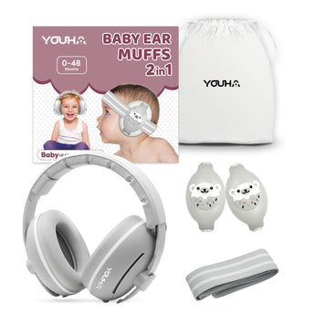 Youha gehoorbeschermingsset voor baby’s en kinderen van 0 tot 4 jaar in grijs, met verstelbare babyband, gehoorkap voor peuter en opbergtasje.