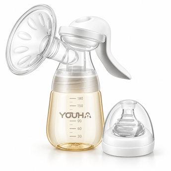 Youha handkolf compleet set, inclusief siliconen borstschild en flesje. Compact, hygiënisch en ideaal voor moeders onderweg. Inclusief speen zodat je de baby direct kunt voeden.