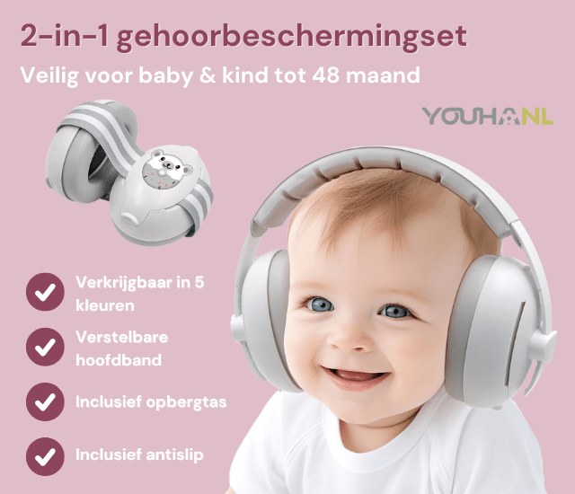 Baby draagt Youha gehoorbeschermingsset voor baby’s en peuters, perfect voor het beschermen van kinderoren tegen harde geluiden