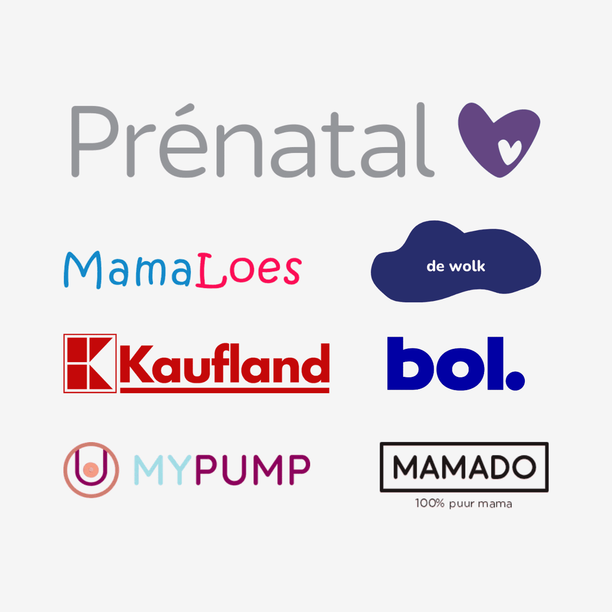 Overzicht van Youha partners zoals Prénatal, bol.com, MamaLoes, Kaufland, MyPump en Mamado in Nederland en België