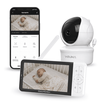 Babyfoons met camera en 5-inch HD-scherm, inclusief mobiele app voor Wi-Fi-monitoring. Dual-connect functie voor zowel beeldscherm als smartphone. Full HD-video, 355° draaibare camera, nachtzicht en tweewegcommunicatie voor altijd en overal contact met je baby of kind.