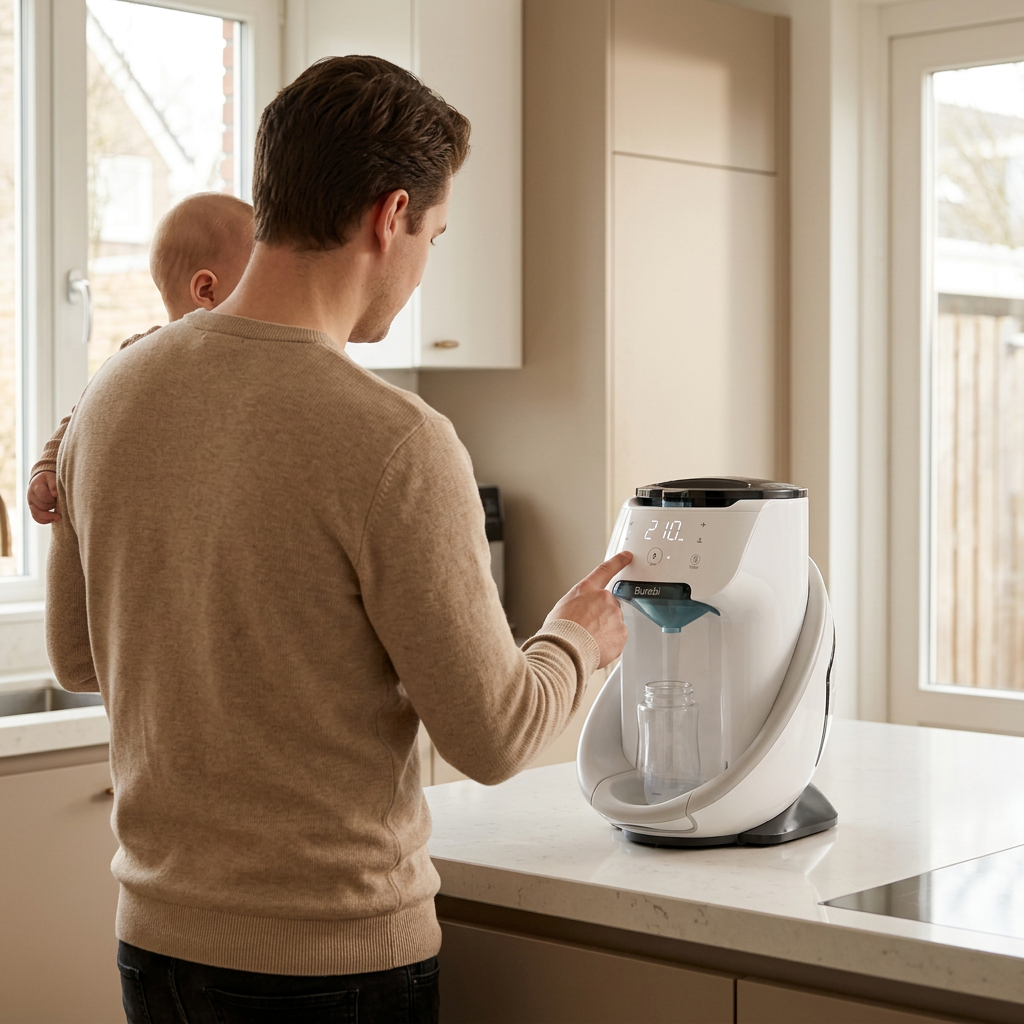 Vader bereidt eenvoudig een flesje met de Youha Babymelk Machine