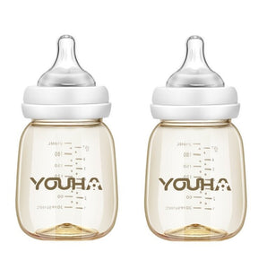 Twee Youha babyflessen van 210ML met siliconen speen, BPA- en BPS-vrij, ideaal voor het voeden van je baby en het gemakkelijk bewaren van afgekolfde moedermelk.