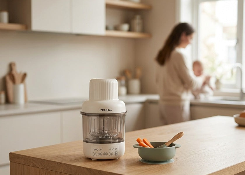 Youha Baby Food Maker PRO op een houten keukeneiland, naast een kommetje met wortels. Op de achtergrond staat een moeder met haar baby in een lichte, moderne keuken.