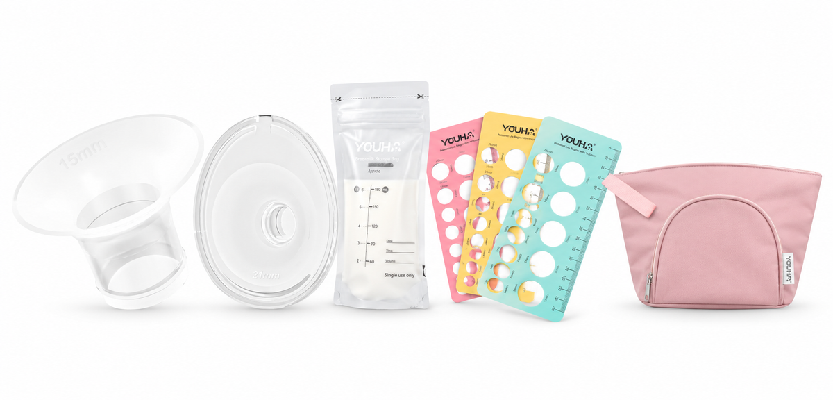 Overzicht van Youha borstkolf accessoires, waaronder borstschilden, borstschildverkleiners, moedermelkbewaarzakjes, kleurrijke tepelmeters en een opbergtasje voor kolfbenodigdheden.