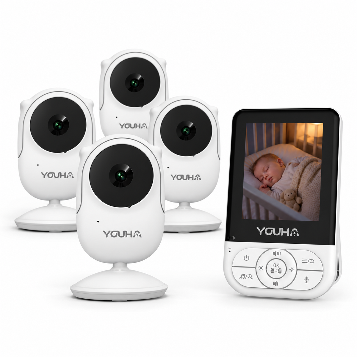 Youha Care Pro babyfoonset met 4 witte camera's en een ouderunit met kleurenscherm waarop een slapende baby zichtbaar is.