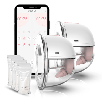 De dubbele Youha The INs Gen 2 borstkolf, draadloos en draagbaar, biedt efficiënte en flexibele kolfmogelijkheden met de My Youha app. Inclusief moedermelk bewaarzakjes.