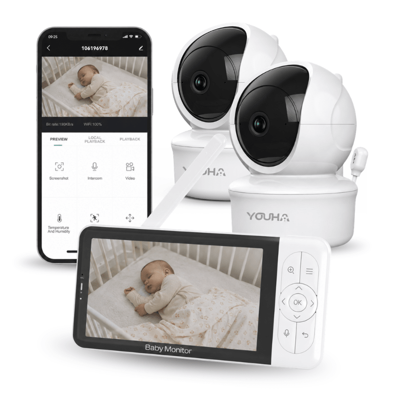 De Youha babyfoon scherm toont beelden van twee camera’s tegelijk en is eenvoudig te bedienen via de mobiele app.