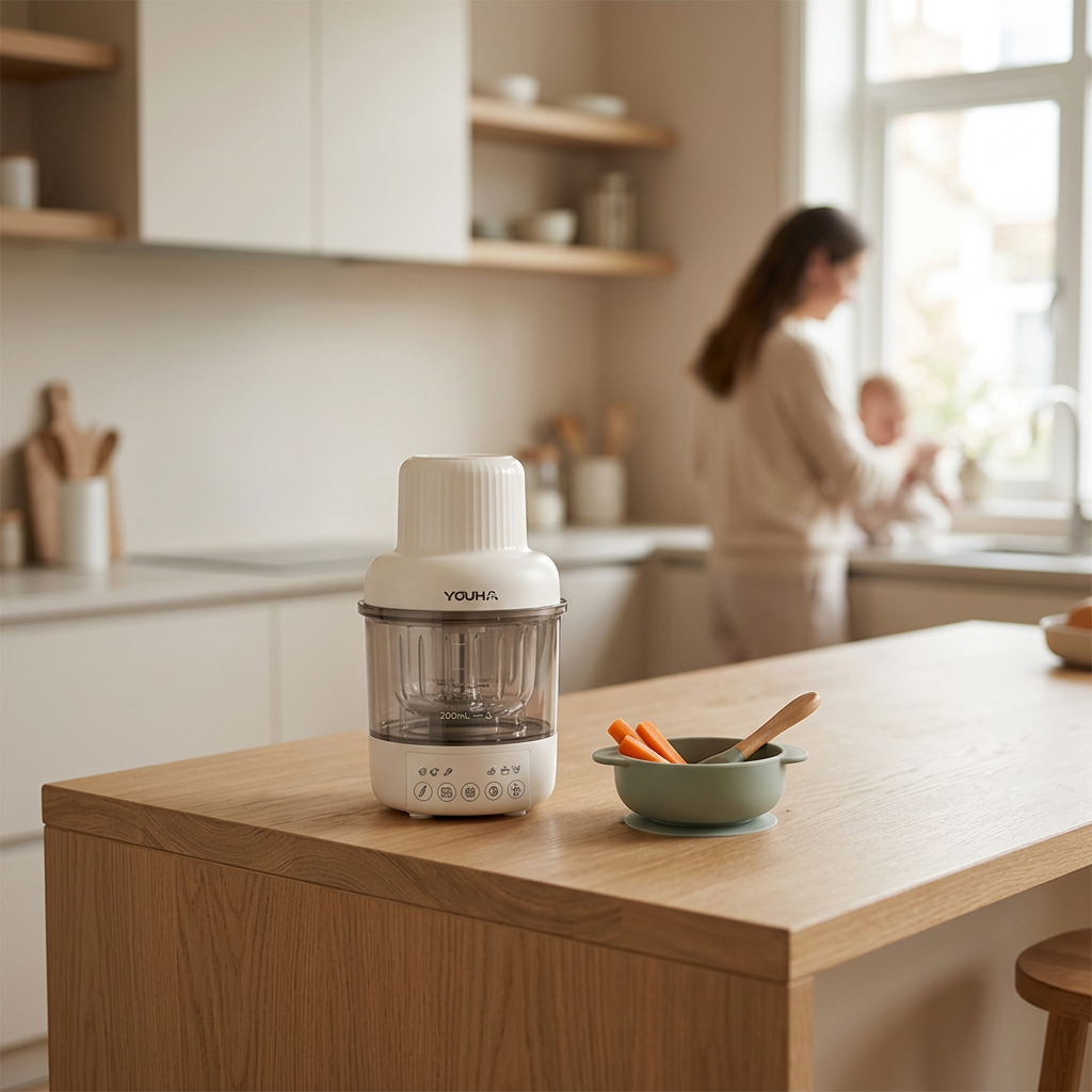Ouder bereidt verse babyhapjes met de Youha Baby Food Maker PRO