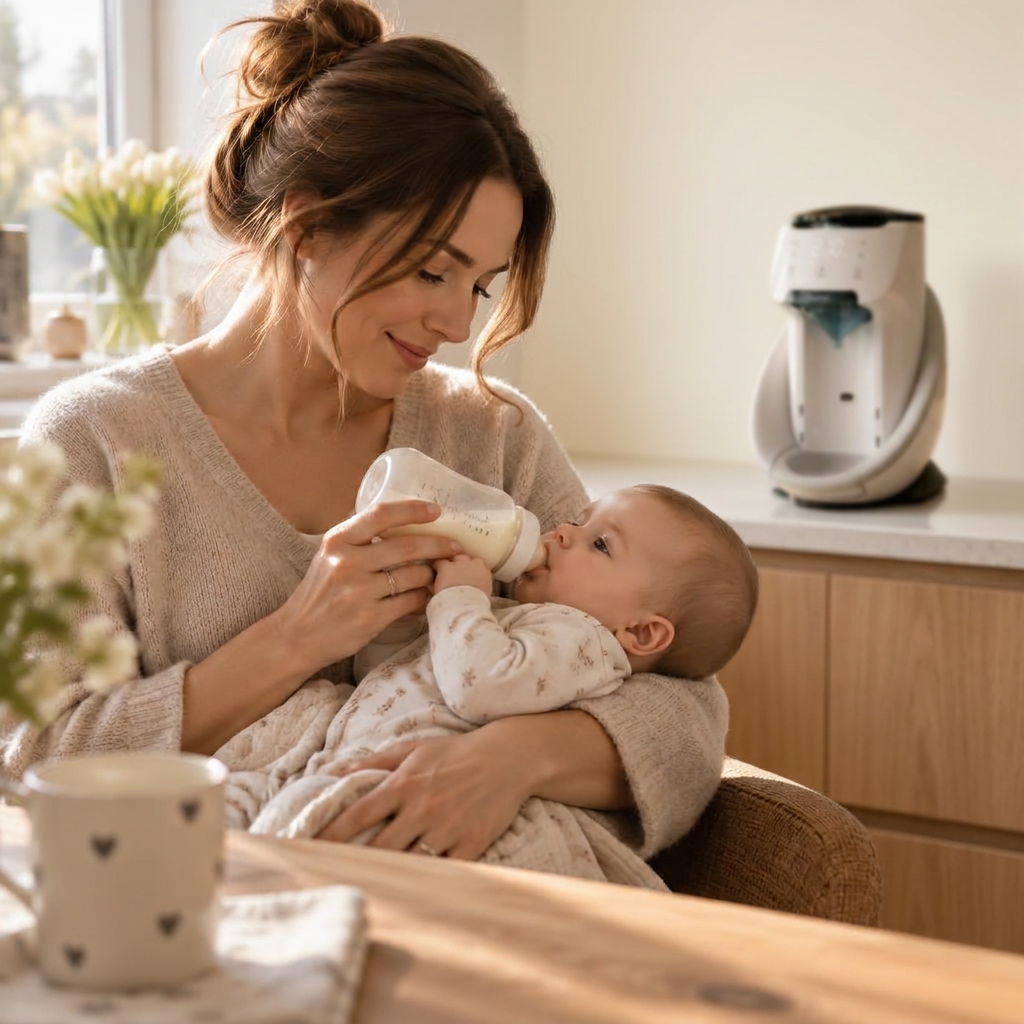 Moeder geeft baby een flesje met de Burabi Babymelk Machine op de achtergrond