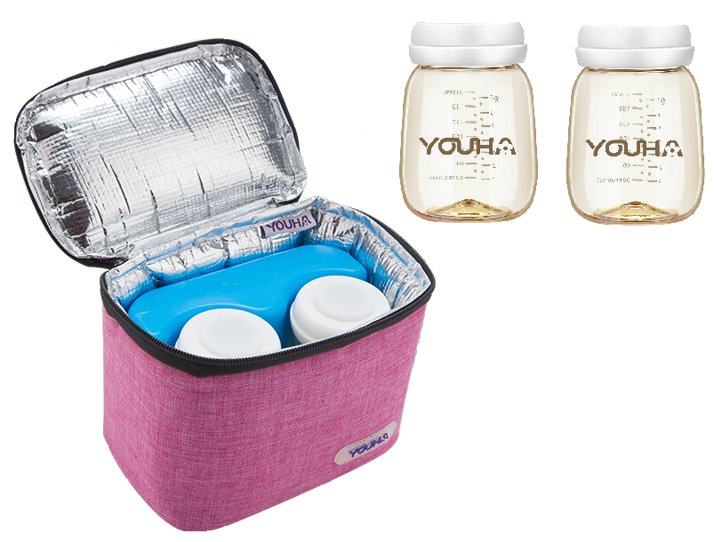 Youha koeltas met babyflesjes en koelelement voor het makkelijk koel houden van je gekolfde moedermelk.