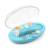 Complete set van de Youha elektrische baby manicure set met 9 opzetstukken, oplaadkabel en handige opbergbox, ideaal voor het veilig en pijnloos vijlen van baby nagels.