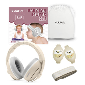 Youha gehoorbeschermingsset voor baby’s en kinderen van 0 tot 4 jaar in beige, met verstelbare babyband, gehoorkap voor peuter en opbergtasje.