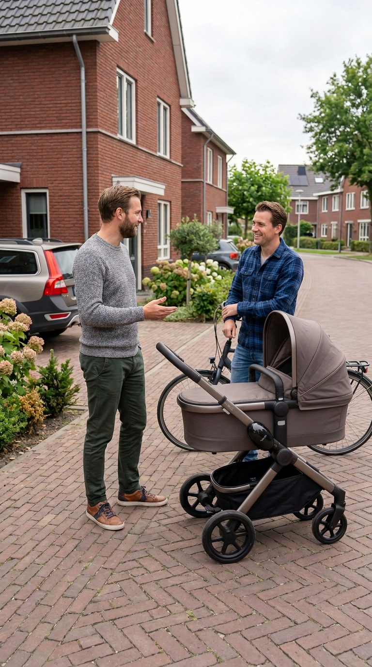 Lifestyle beeld van vader op het oprit met baby rocker aan de kinderwagen